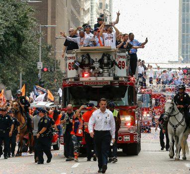 Houston Mayor Sylvester Turner rides atop a firetruck during the Houston Astros Victory Parade in Houston on Nov. 3, 2017. (Bob Levey/Getty Images)