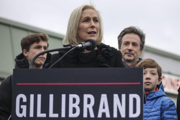 Surrounded by her family, Sen. Kirsten Gillibrand (D-NY) announces that she will run for president in 2020 outside the Country View Diner in Troy, N.Y., on Jan. 16, 2019. (Drew Angerer/Getty Images)