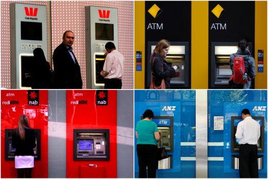 A combination of photographs shows people using automated teller machines (ATMs) at Australia's "Big Four" banks - Australia and New Zealand Banking Group Ltd (bottom R), Commonwealth Bank of Australia (top R), National Australia Bank Ltd (bottom L) and Westpac Banking Corp (top L). (Reuters)