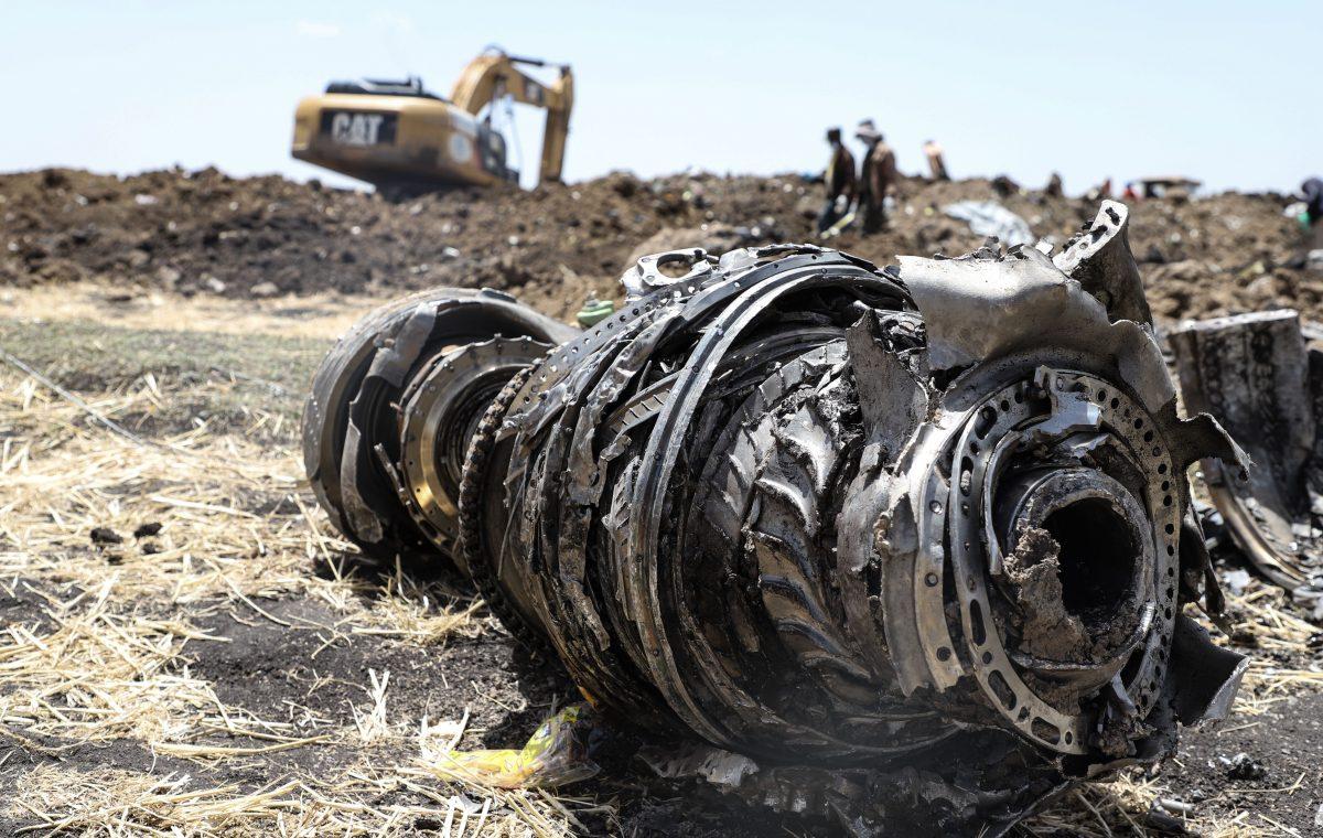 A photo shows debris of the crashed airplane of Ethiopia Airlines, near Bishoftu, about 37 miles southeast of Addis Ababa, Ethiopia, on March 11, 2019. (Michael Tewelde/AFP/Getty Images)