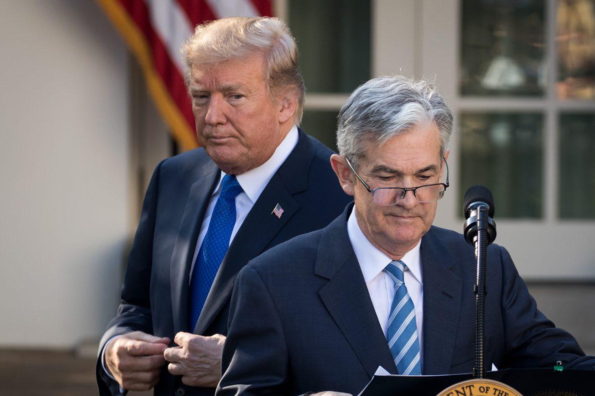 U.S. President Donald Trump looks on as Jerome Powell, his nominee for the chairman of the Federal Reserve, takes to the podium during a press event at the White House in Washington, on Nov. 2, 2017. (Drew Angerer/Getty Images)