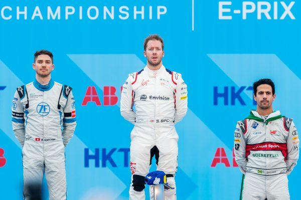 (L-R) Edoardo Mortara, Sam Bird and Lucas di Grassi on the winners rostrum at the end of the Hong Kong ePrix 2019, on March 10, 2019. Following a protest, Sam Bird was later demoted to sixth place leaving Mortara as the winner. (Christopher Wong/Sports Action HK)