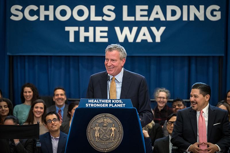 Mayor Bill de Blasio announces the expansion of the "Meatless Mondays" program across all NYC public schools that will begin in fall. (City of New York)