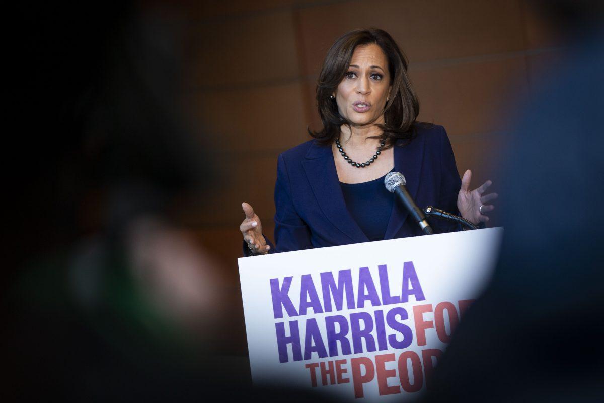 Sen. Kamala Harris (D-CA) speaks to reporters after announcing her candidacy for President of the United States, at Howard University in Washington on Jan. 21, 2019. (Al Drago/Getty Images