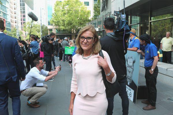 Fiona Patten speaks to reporters outside the Melbourne court after Cardinal George Pell received his sentence on March 13, 2019. (Rita Li/The Epoch Times)