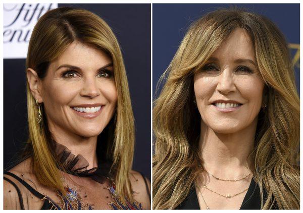 Actress Lori Loughlin at the Women's Cancer Research Fund's An Unforgettable Evening event in Beverly Hills, Calif., on Feb. 27, 2018, left, and actress Felicity Huffman at the 70th Primetime Emmy Awards in Los Angeles on Sept. 17, 2018. (AP Photo)