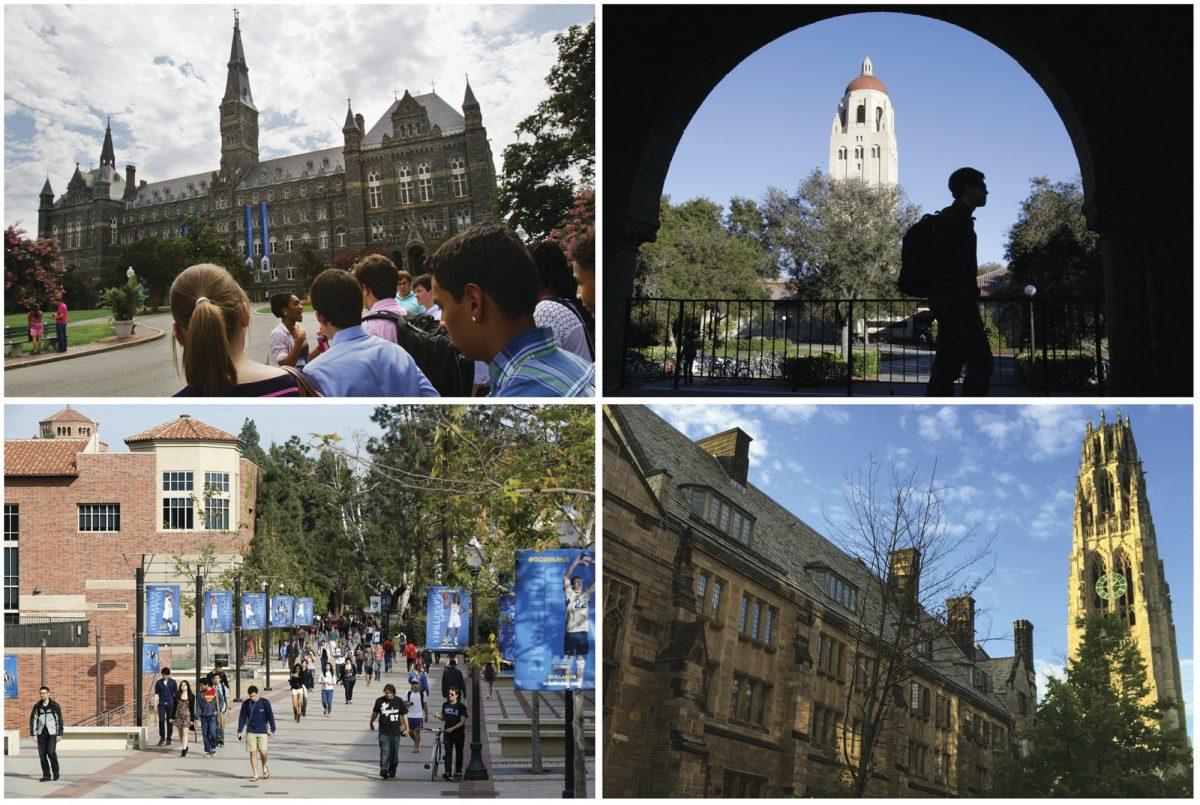 This combination of images shows college campuses, clockwise from top left, Georgetown University, Stanford University, Yale University, and University of California, Los Angeles. (AP Photos)