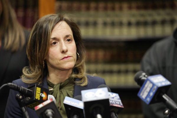 Berkshire County District Attorney Andrea Harrington speaks during a news conference, March 14, 2019. (Ben Garver/The Berkshire Eagle via AP)