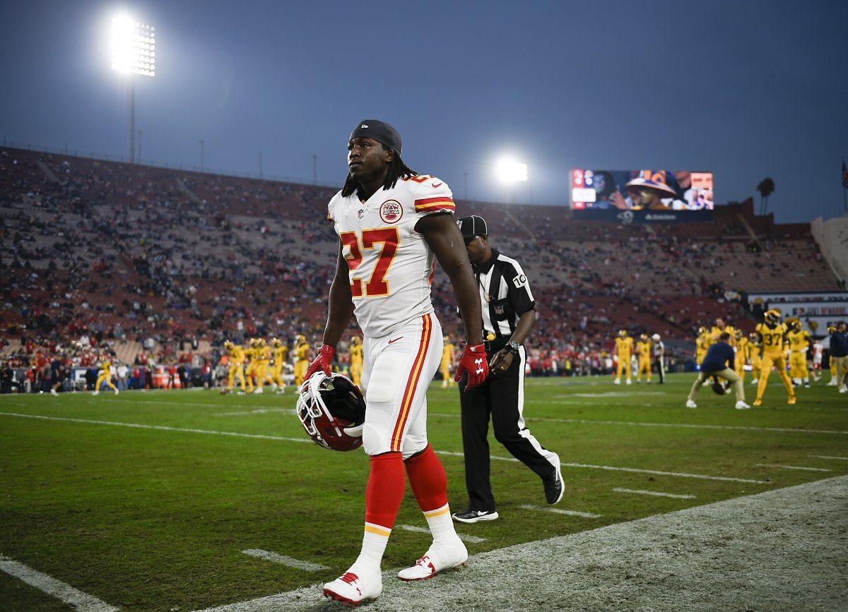 Kansas City Chiefs running back Kareem Hunt walks off the field prior to an NFL football game against the Los Angeles Rams, in Los Angeles, on Nov. 19, 2018. (Kelvin Kuo, /AP Photo/File)