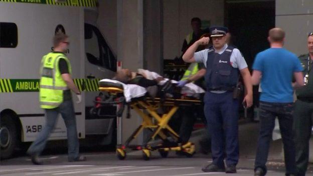 Emergency services personnel transport a person at a hospital, after reports that several shots had been fired, in central Christchurch, New Zealand, on March 15, 2019, in this still image taken from a video. (TVNZ/via Reuters TV)
