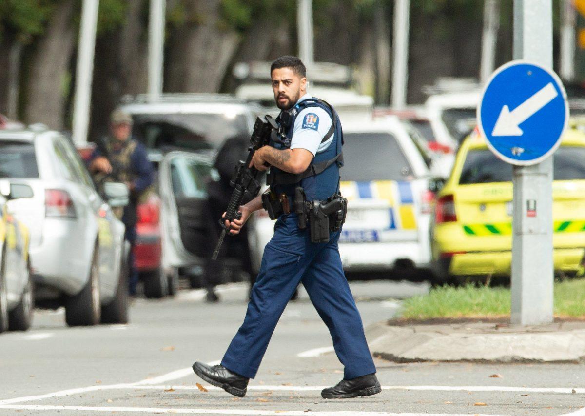 Armed police following a shooting at the Al Noor mosque in Christchurch, New Zealand, on March 15, 2019. (Reuters/SNPA/Martin Hunter)