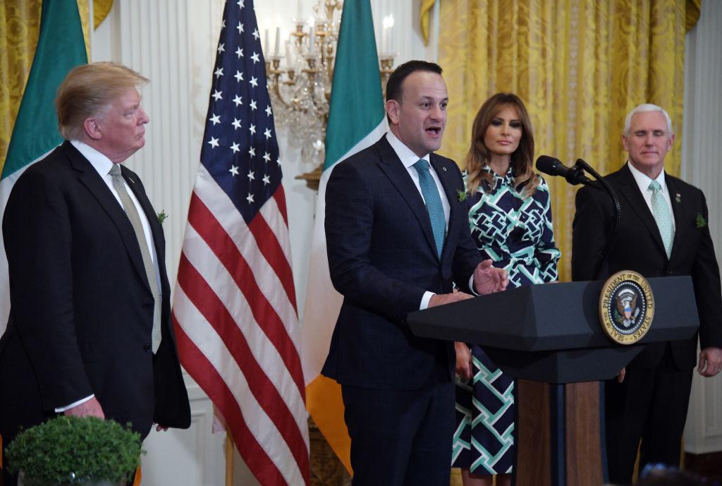 President Donald J. Trump, Prime Minister Leo Varadkar of Ireland, first lady Melania Trump and U.S. Vice President Mike Pence attend the Shamrock Bowl Presentation at the White House on March 14, 2019 in Washington, D.C. (Olivier Douliery-Pool/Getty Images)