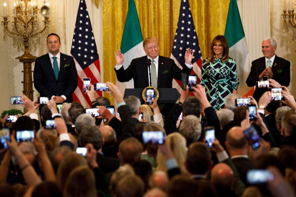 From left: Taoiseach Leo Varadkar of Ireland, President Donald Trump, First Lady Melania Trump, and Vice President Mike Pence pose for a photo during the Shamrock Bowl Presentation with Prime Minister of Ireland Leo Varadkar on March 14, 2019 at the White House in Washington, DC. (Tom Brenner/Getty Images)