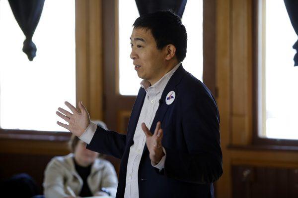 Entrepreneur and 2020 presidential candidate Andrew Yang speaks during a campaign stop at the train depot on February 1, 2019 in Jefferson, Iowa. (Joshua Lott/AFP/Getty Images)