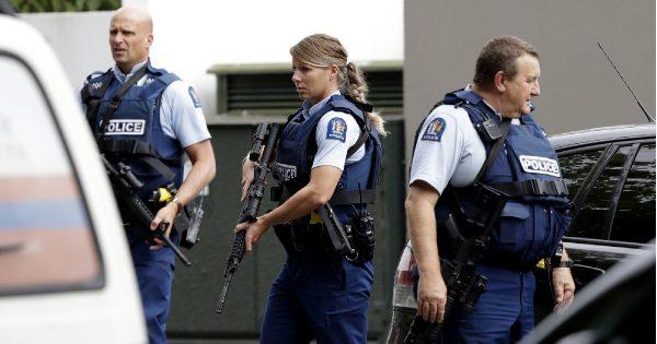Armed police patrol outside a mosque in central Christchurch, New Zealand, on March 15, 2019. (Mark Baker/AP)