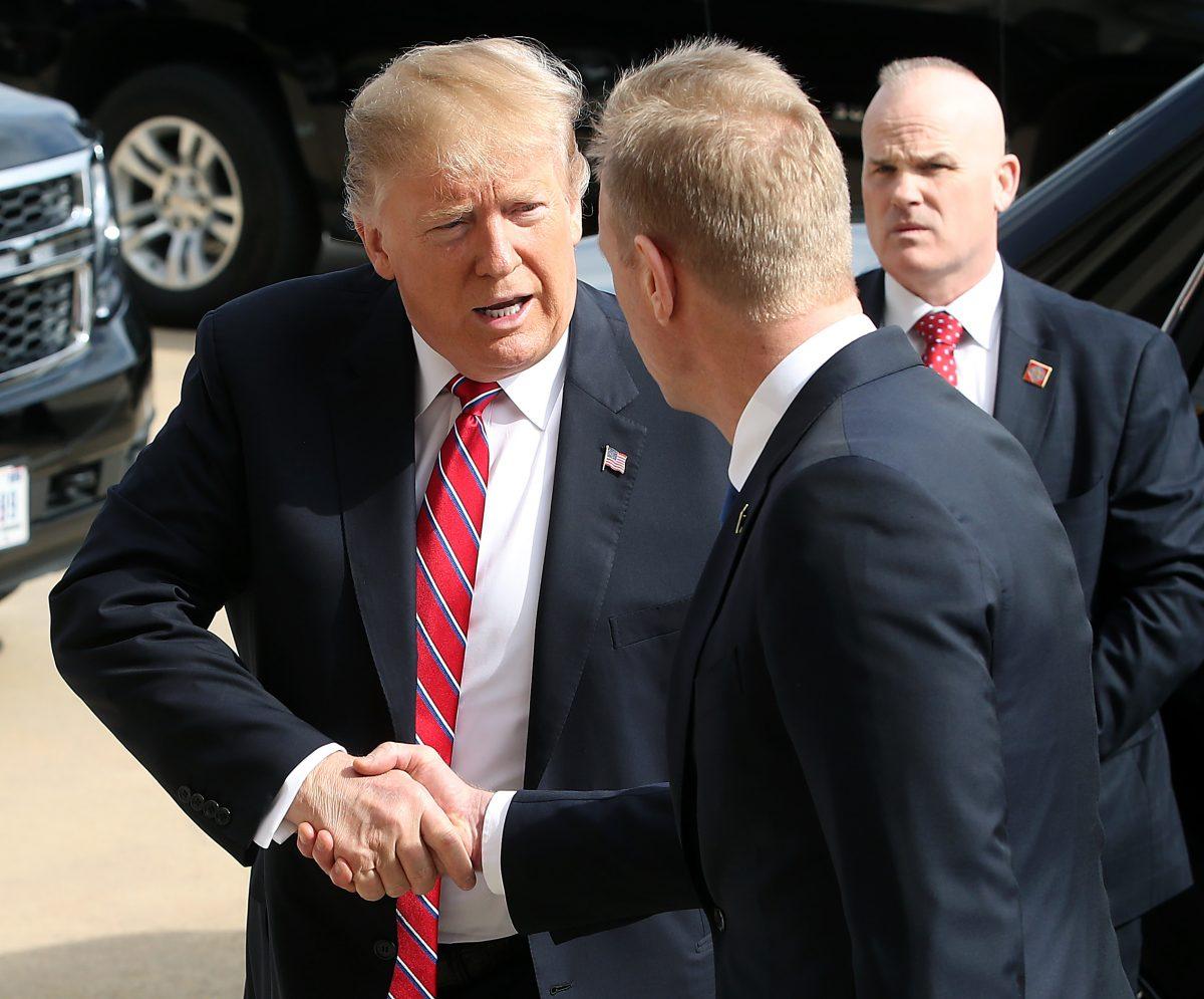 President Donald Trump is welcomed by acting Secretary of Defense Patrick Shanahan during his arrival at the Pentagon on March 15, 2019 in Arlington, Virginia. (Mark Wilson/Getty Images)