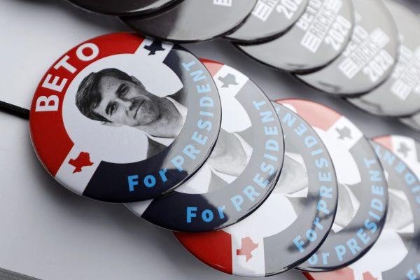 Buttons for former Texas congressman Beto O'Rourke sit on display during a stop at the Central Park Coffee Company in Mount Pleasant, Iowa, on March 15, 2019. (Charlie Neibergall/AP)