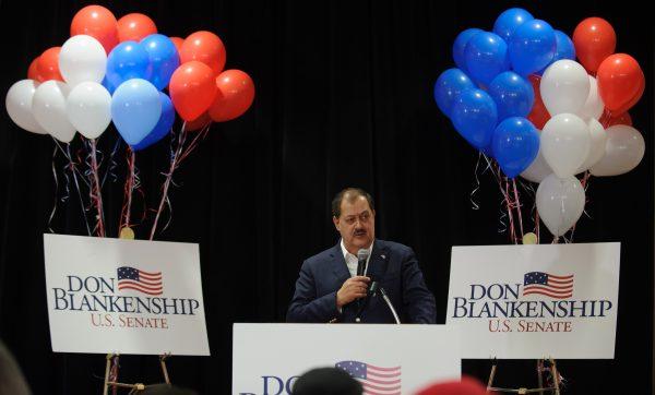 U.S. Senate Republican primary candidate Don Blankenship addresses supporters following a poor showing in the polls, in Charleston, West Virginia on May 8, 2018. (Jeff Swensen/Getty Images)