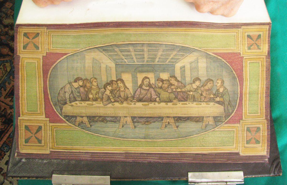 Martin Frost’s painting of Leonardo da Vinci’s “The Last Supper” is a popular choice for the edges of Bibles and prayer books. (Foredgefrost)