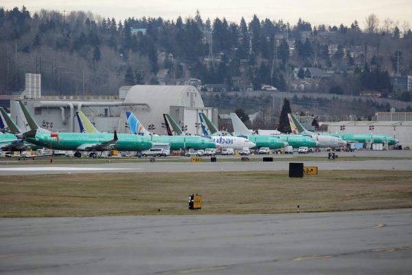 Boeing 737 MAX aircraft are parked at a Boeing production facility in Renton, Washington State, on March 11, 2019. (David Ryder/Reuters)