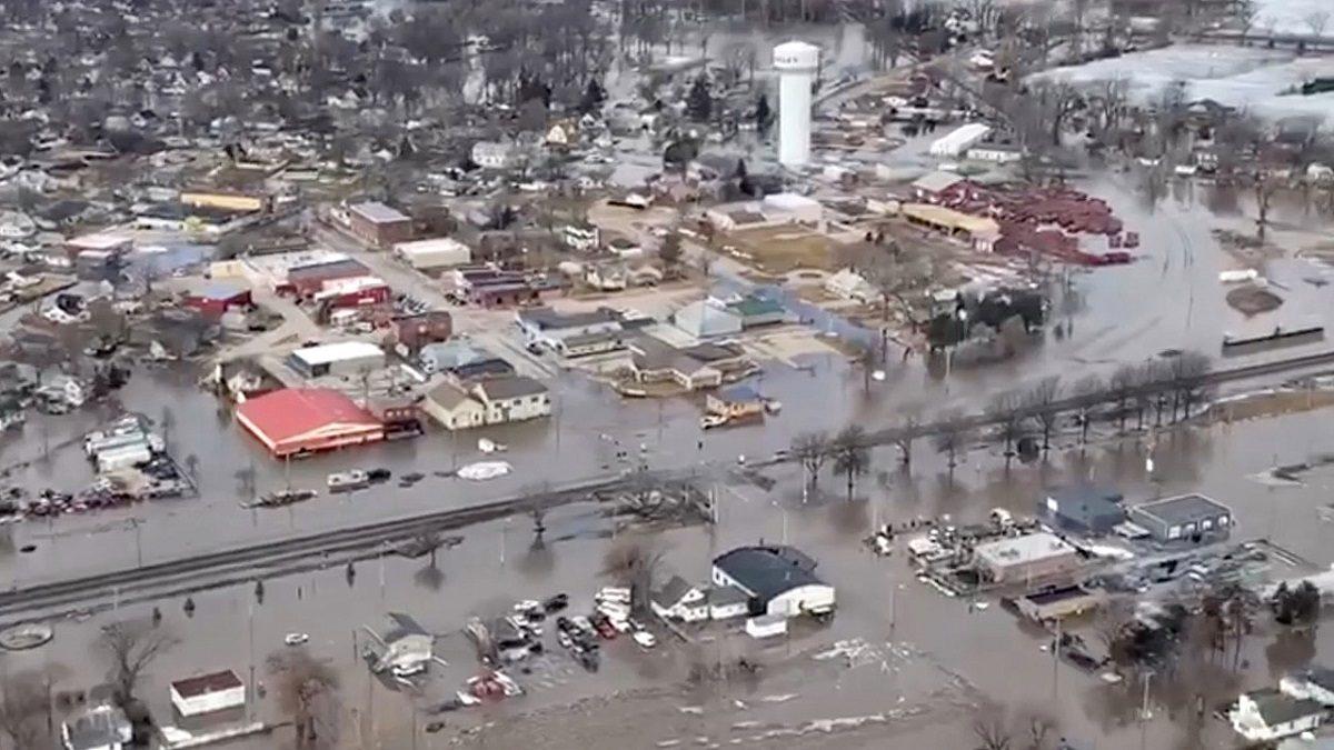 An aerial view of damaged buildings after a storm triggered historic flooding, in Valley, Neb., on Mar.16, 2019. (Office of Governor Pete Ricketts/Handout via Reuters)