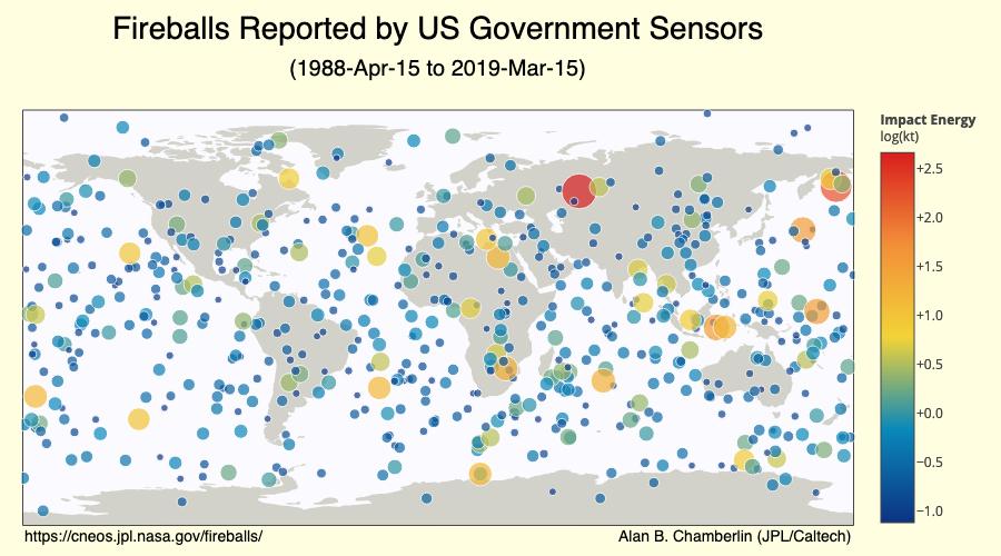 A map showing US government data collected on fireballs around the globe. The orange/red circle in the top right is the one from the meteor explosion on Dec. 18, 2018. (CNEOS/NASA)