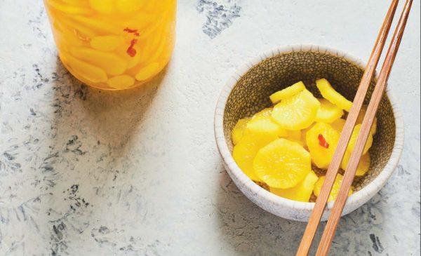 Takuan, Japanese-style pickled daikon radish. (Alana Kysar and Brooklyn Dombroski)