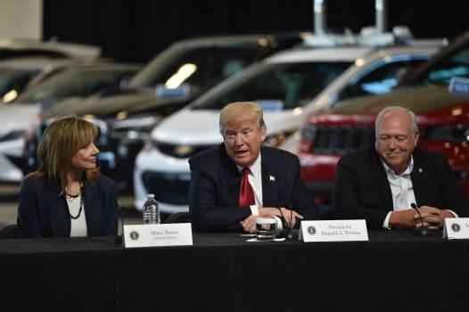 President Donald Trump (C) delivers remarks at American Center for Mobility in Ypsilanti, Michigan, with General Motors CEO Mary Barra and Dennis Williams, United Auto Workers president on March 15, 2017. (Nicholas Kamm/AFP/Getty Images)
