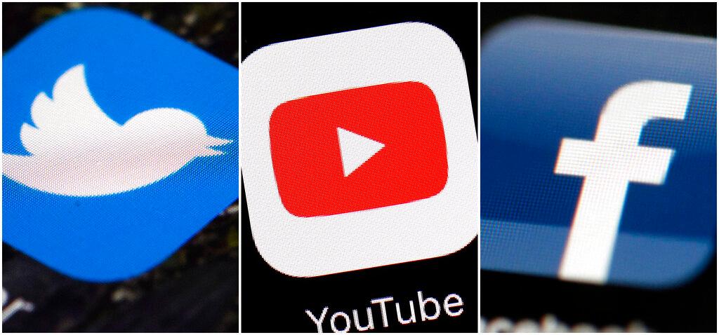 This combination of images shows logos for companies from left, Twitter, YouTube, and Facebook.  (AP Photos/File)