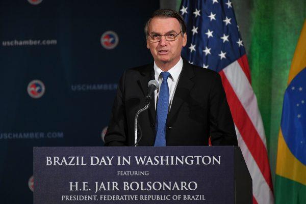 Brazil's President Jair Bolsonaro speaks during a discussion on US-Brazil relations at the U.S. Chamber of Commerce in Washington on March 18, 2019. (MANDEL NGAN/AFP/Getty Images)