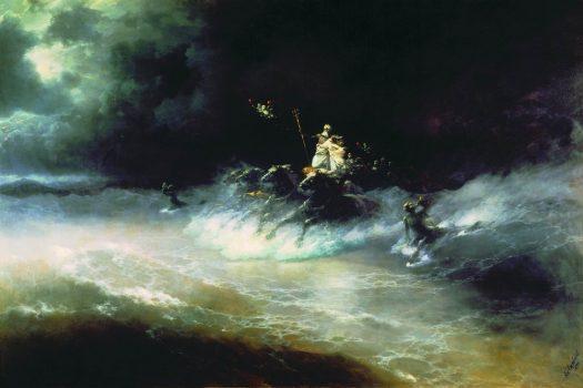 Odysseus must confront Poseidon, representing the very depths of his soul. “Travel of Poseidon by Sea,” 1894, by Ivan Aivazovsky. (Public Domain)