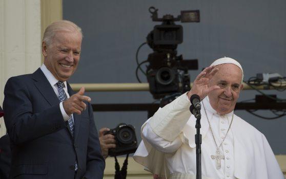 Pope Francis, accompanied by US Vice President Joe Biden, waves to the crowd after addressing the US Congress in Washington on Sept. 24, 2015.<br/>(Andrew Caballero-Reynolds/AFP/Getty Images)