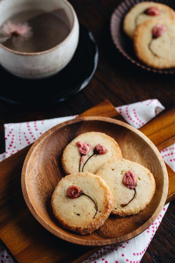 Cherry blossom cookies with salt-pickled cherry blossoms. (Namiko Chen/JustOneCookbook.com)