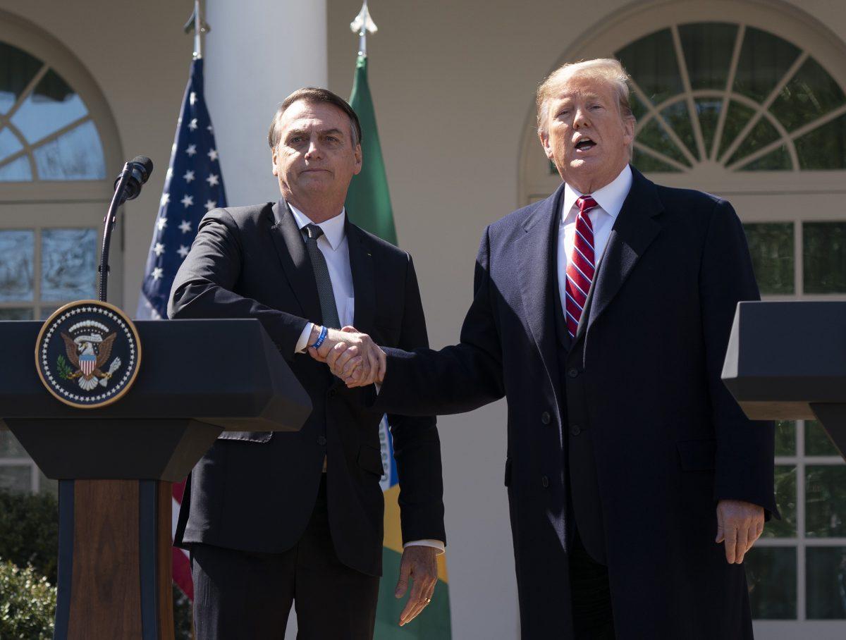 President Donald Trump and Brazilian President Jair Bolsonaro attend a joint news conference in the Rose Garden at the White House, on March 19, 2019. (Chris Kleponis-Pool/Getty Images)