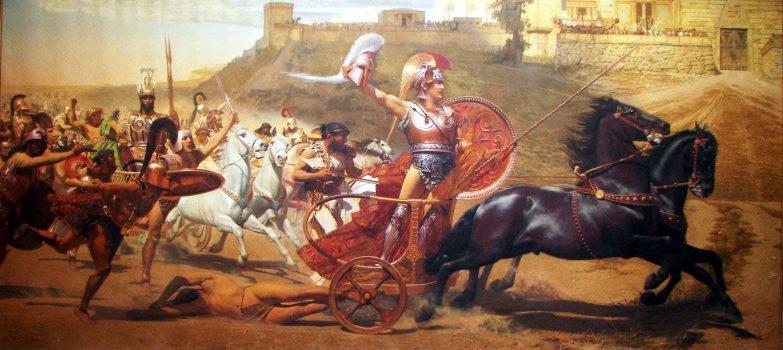 Achilles, likely an Eight and certainly a man of strength, could be vindictive, as he was to the Trojan Hector, whose dead body Achilles dragged behind his chariot. “The Triumph of Achilles,” 1892, by Franz Matsch. A fresco on the upper level of the main hall of the Achilleion at Corfu, Greece. (Public Domain)