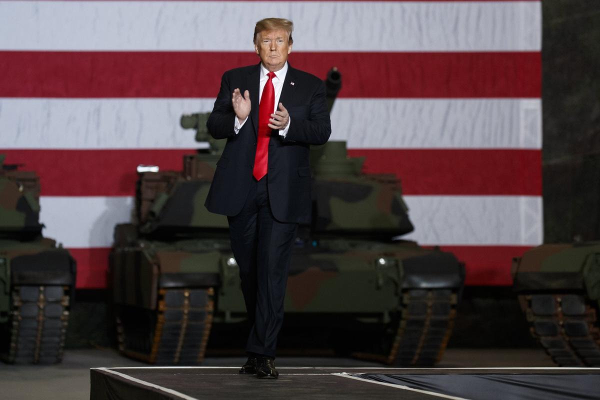 President Donald Trump arrives to deliver remarks at the Lima Army Tank Plant, in Lima, Ohio. March 20, 2019, (AP Photo/Evan Vucci)