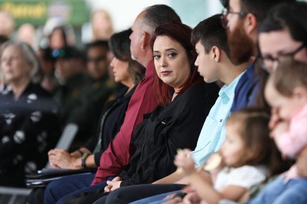Paola Andrea Brown, wife of slain Border Patrol agent Javier Vega Jr., at the newly renamed Javier Vega Jr. Border Patrol Checkpoint in Sarita, Texas, on March 20, 2019. (Charlotte Cuthbertson/The Epoch Times)