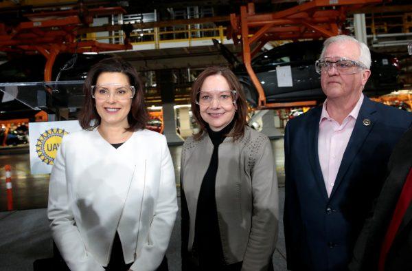 General Motors Chief Executive Mary Barra with Michigan Governor Gretchen Whitmer and United Auto Workers union Vice President Terry Dittes at the GM Orion Assembly Plant in Lake Orion, Michigan, on March 22, 2019. (Rebecca Cook/Reuters)