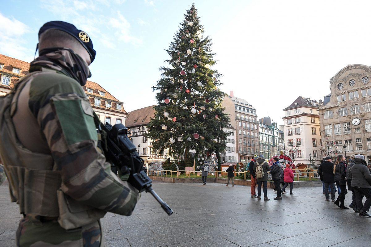 A French Sentinelle soldier stands guard in Strasbourg on December 13, 2018. (Patrick Hertzog/AFP/Getty Images)