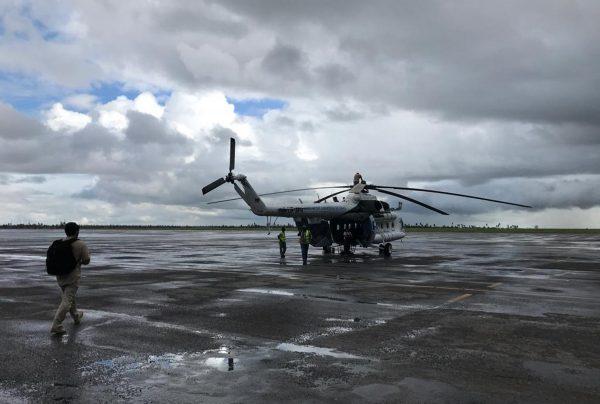 A UN humanitarian helicopter prepares for a day of work, at the airport in the Mozambique city of Beira, on March 22, 2019. (Cara Anna/Photo via AP)