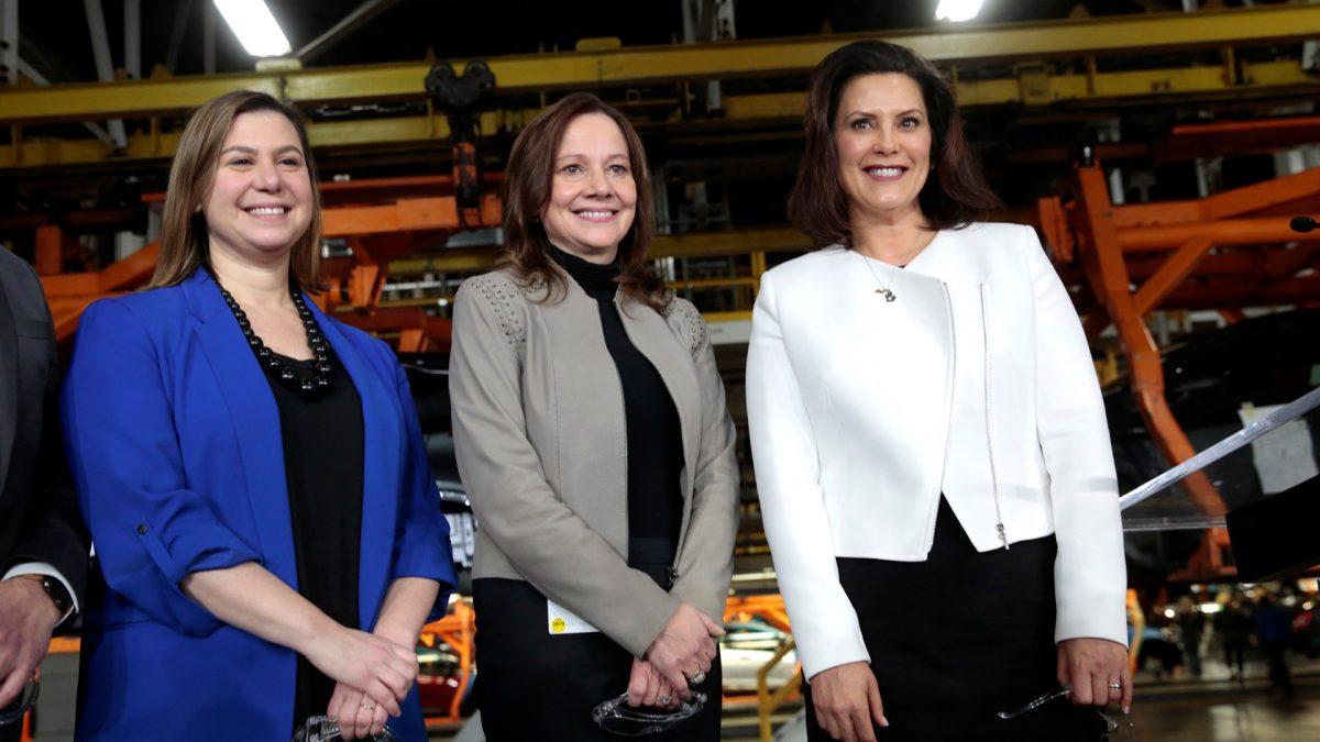 General Motors Chief Executive Officer Mary Barra poses with Democratic Representative Elissa Slotkin and Michigan Governor Gretchen Whitmer at the GM Orion Assembly Plant in Lake Orion, Michigan, on March 22, 2019. (Rebecca Cook/Reuters)