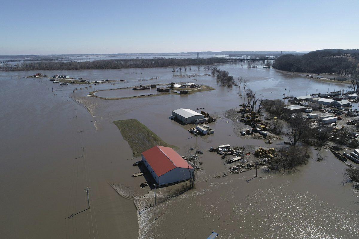 Flooding near the Platte River in in Plattsmouth, Neb., south of Omaha, on March 20, 2019. (DroneBase via AP)