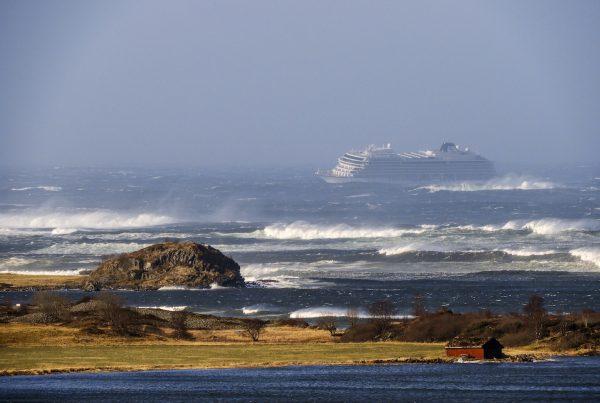 The cruise ship Viking Sky as it drifts after sending a Mayday signal because of engine failure in windy conditions near Hustadvika, off the west coast of Norway, on March 23, 2019. (Odd Roar Lange/NTB scanpix via AP)