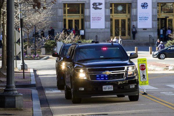 The motorcade for Attorney General William Barr arrives at the Department of Justice in Washington, on March 23, 2019. (Alex Brandon/AP Photo)