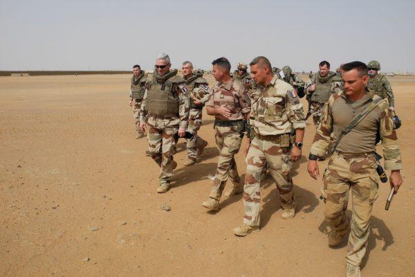 Chief of the General Staff of the French Armies Gen. Francois Lecointre (L), arrives at the base of the Barkhane mission in Africa's Sahel region, in Menaka, Mali on March 21, 2019. (Daphne Benoit/AFP/Getty Images)