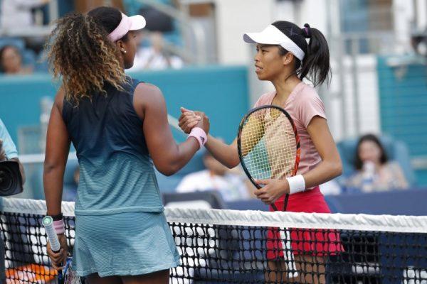 Su-Wei Hshieh of Chinese Taipei (R) shakes hands with Naomi Osaka of Japan (L) after their match in the second round of the Miami Open at Miami Open Tennis Complex, in Miami Gardens, Fla., on March 23, 2019. (Geoff Burke-USA TODAY Sports via Reuters)