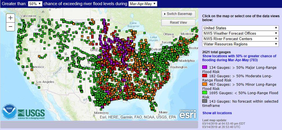 Greater than 50 percent chance of exceeding minor, moderate, and major river flood levels during March (NOAA)