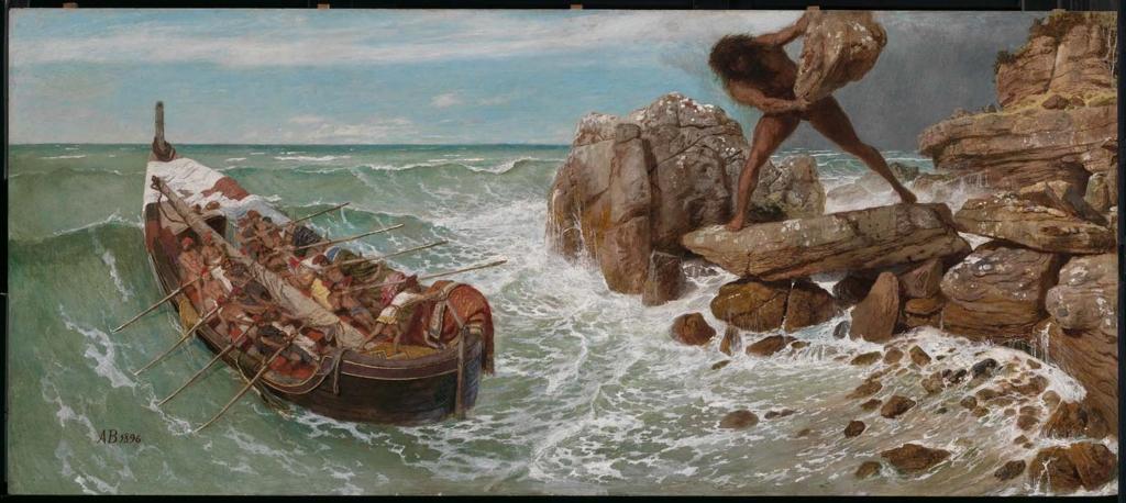 Polyphemus seeks revenge on Odysseus and his crew as they escape. “Odysseus and Polyphemus,” 1896, by Arnold Böcklin. (Public Domain)