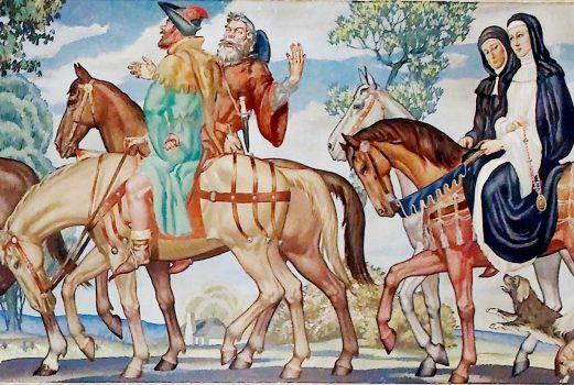 Swapping tales with fellow travelers—count me in! Detail from “The Canterbury Tales” mural, 1939, by Ezra Winter. Library of Congress John Adams Building, Washington, D.C. (Public Domain)