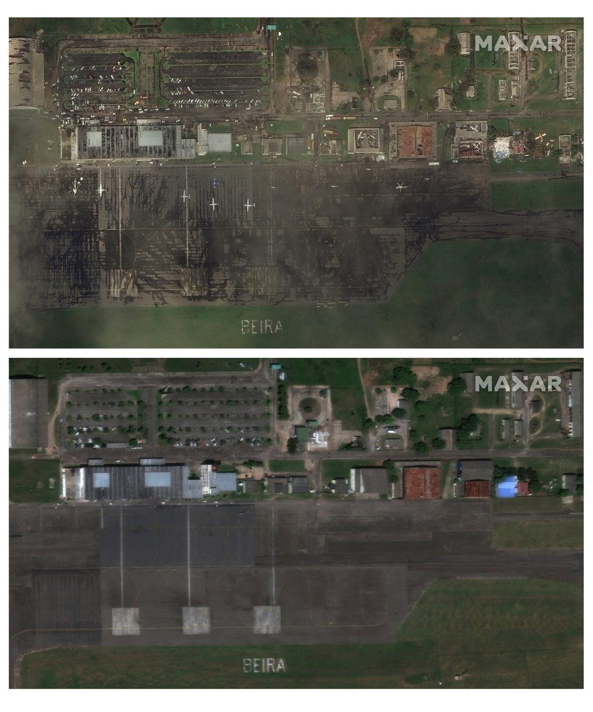 Images provided by satellite image provided by DigitalGlobe, combo photo showing aerial view of the city airport in Beira, Mozambique, showing the impact of cyclone Idai on the area, with top photo before the cyclone dated March 13, 2019, and photo below dated March 22, 2019. (DigitalGlobe, a Maxar company via AP)